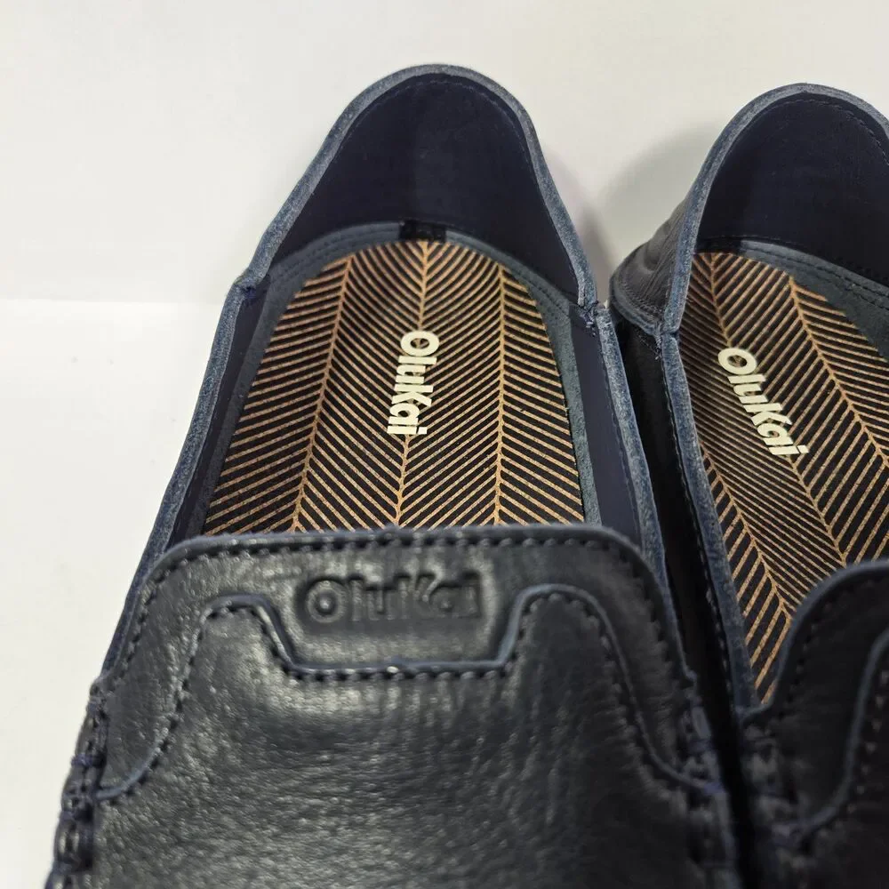 $140 Olukai Kākaha Nia Mens 11 Leather Slip On Shoes Loafer Casual Indigo Blue